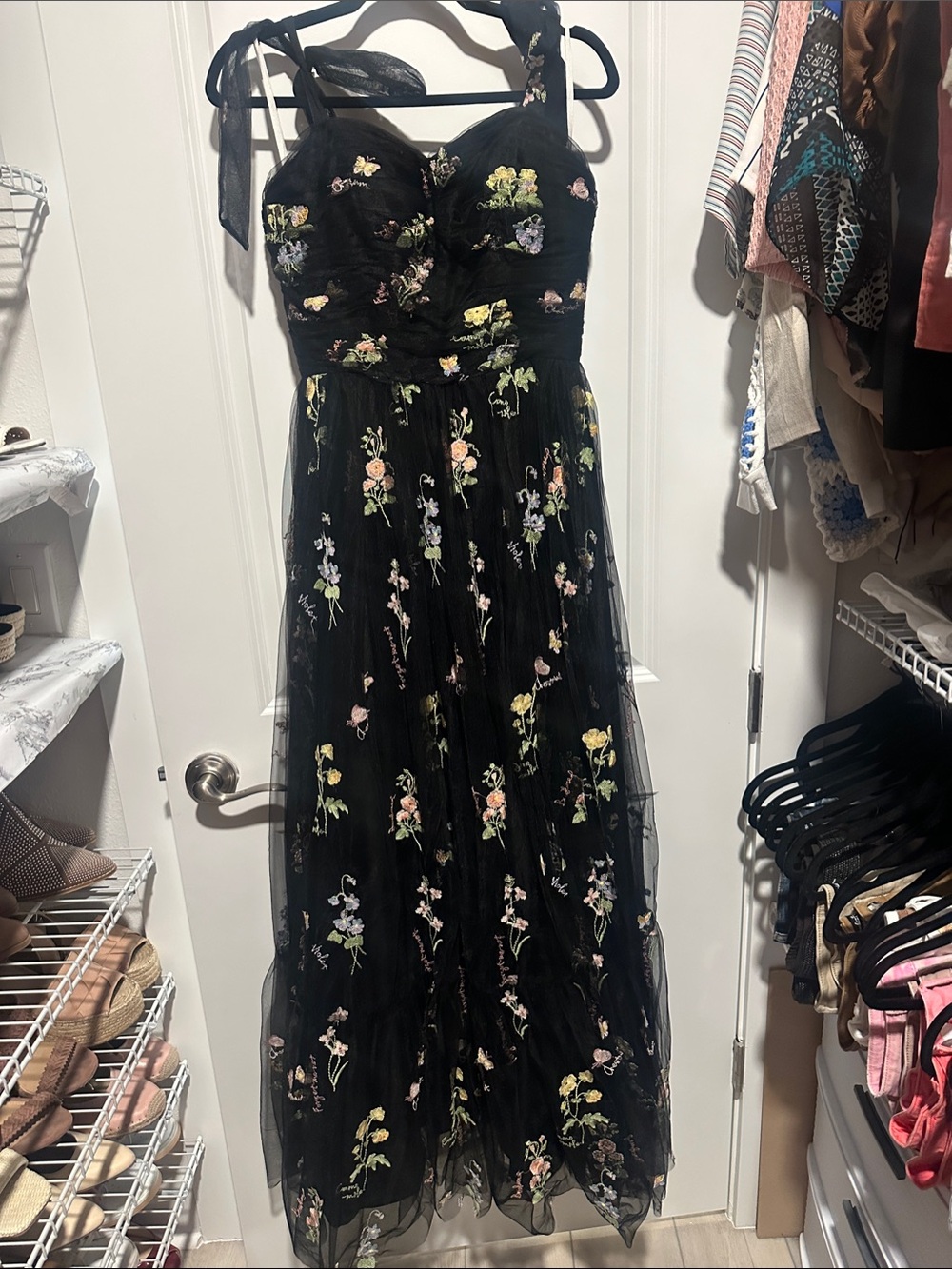 Black Floral Embroidered Maxi Dress with Tie Straps